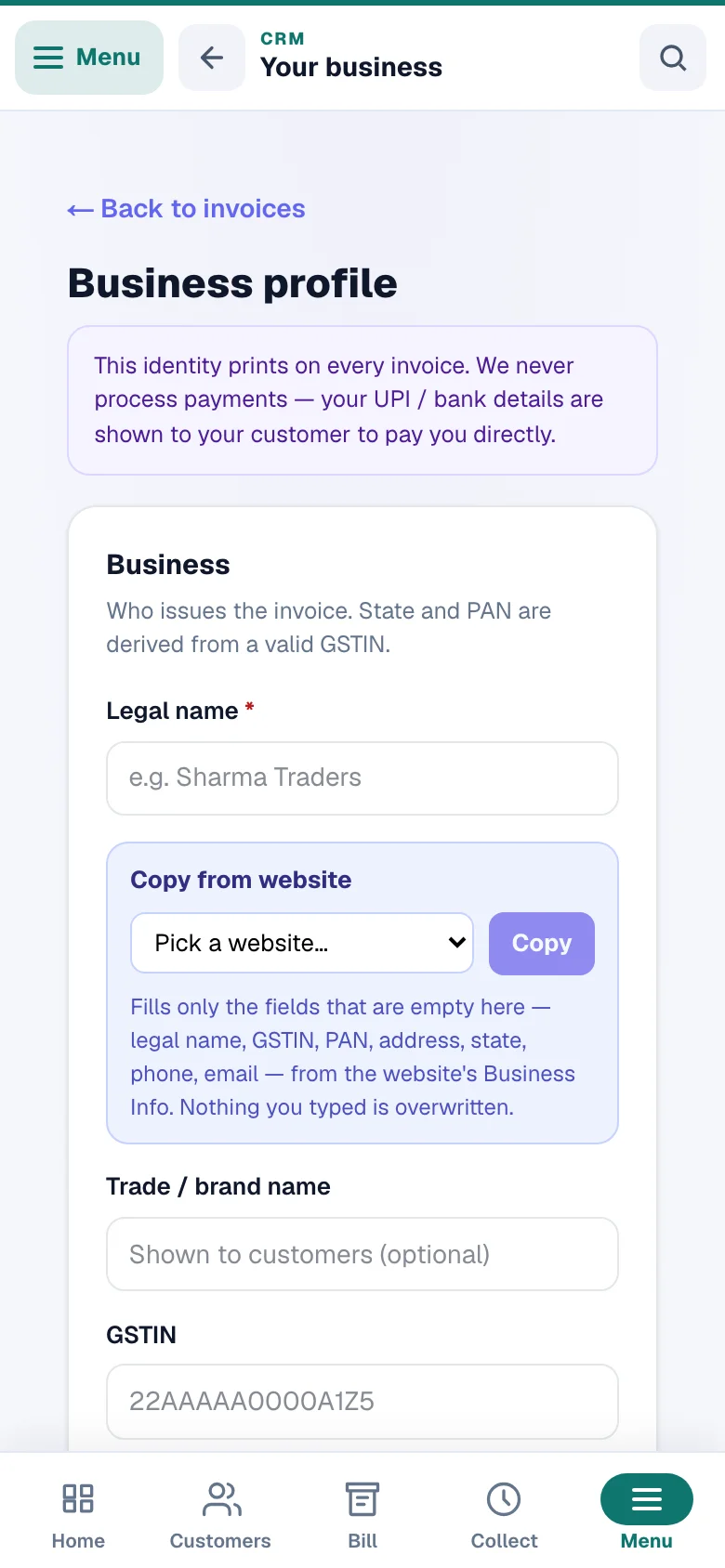 Your business profile — it appears on every invoice. — phone view