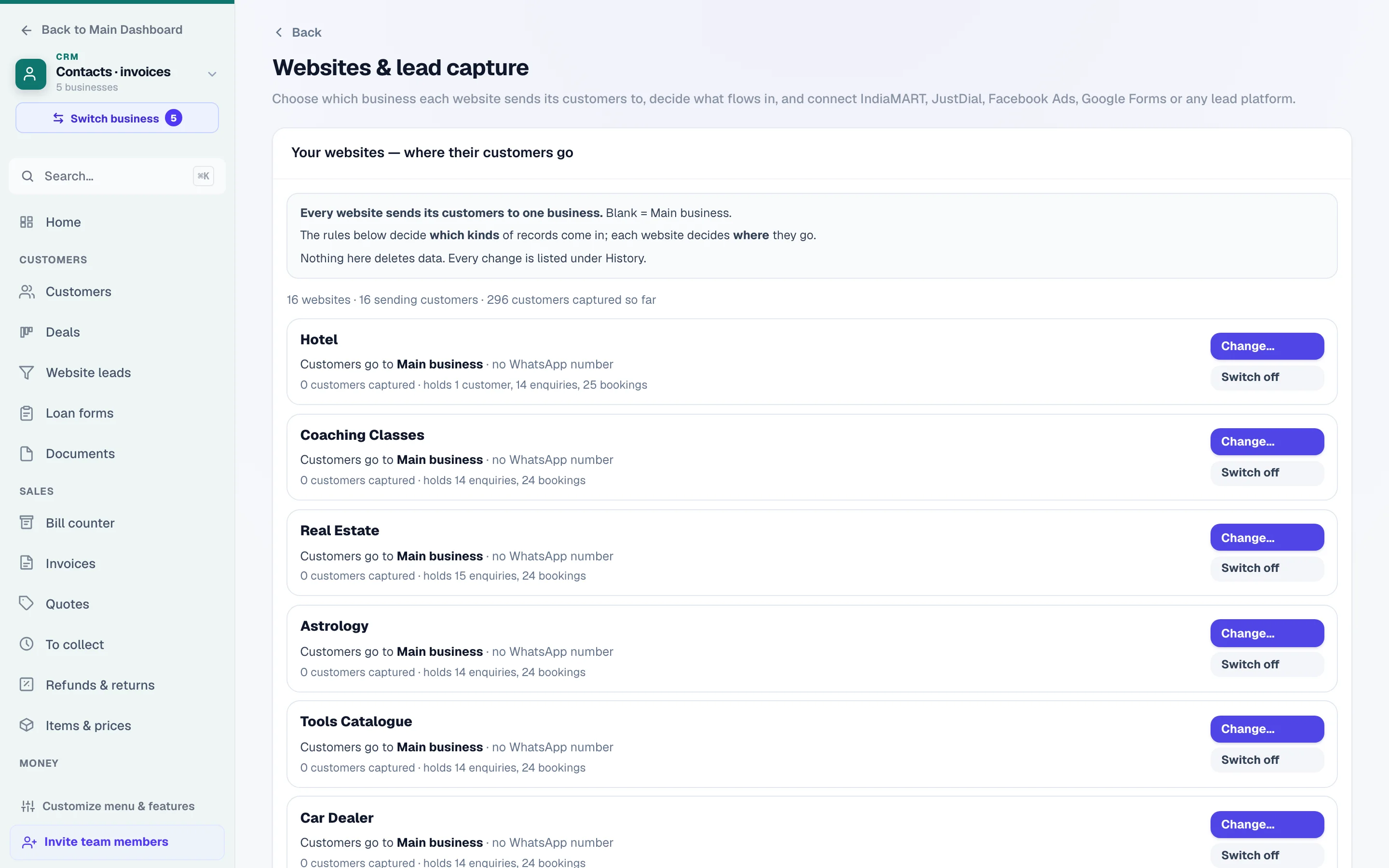 IndiaMART, TradeIndia and website forms feeding in automatically.