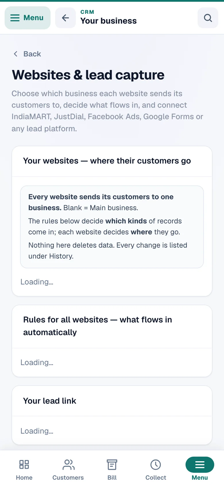 IndiaMART, TradeIndia and website forms feeding in automatically. — phone view