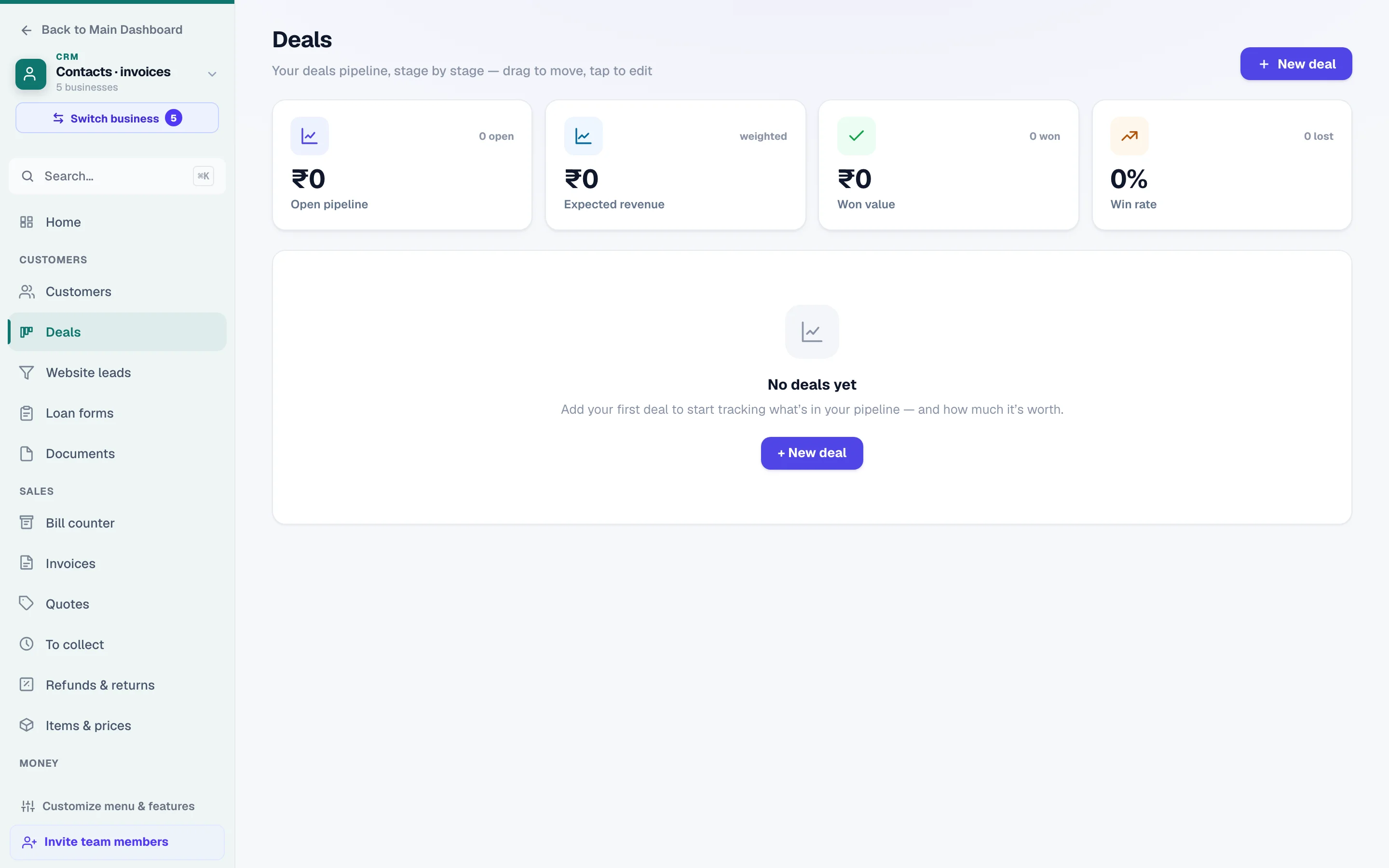 Deals as a board — drag a card as the deal moves.