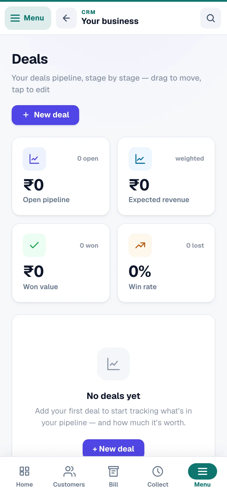 Deals as a board — drag a card as the deal moves. — phone view