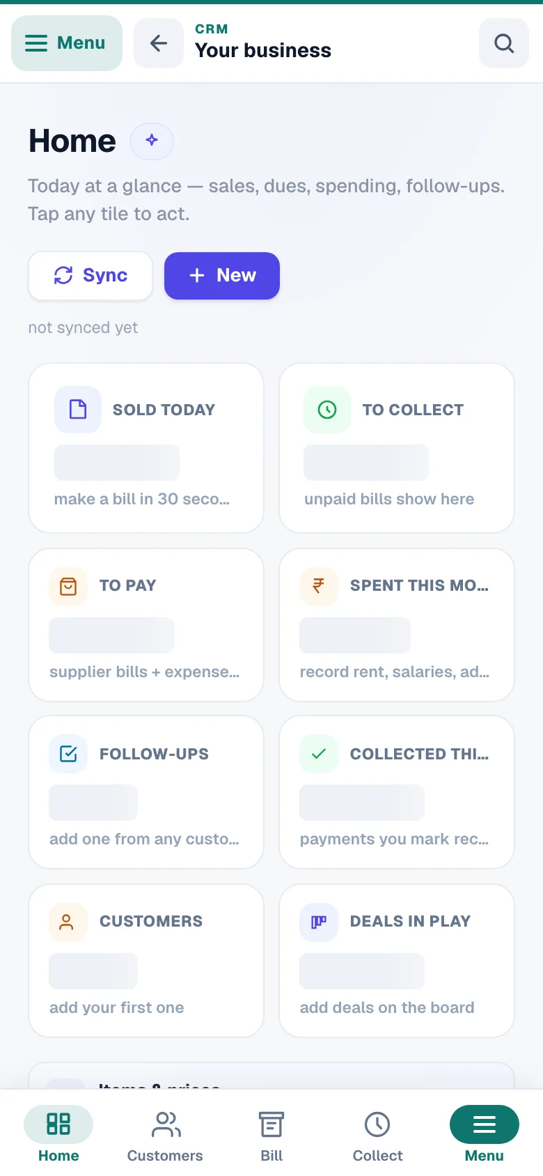 The CRM home screen. — phone view