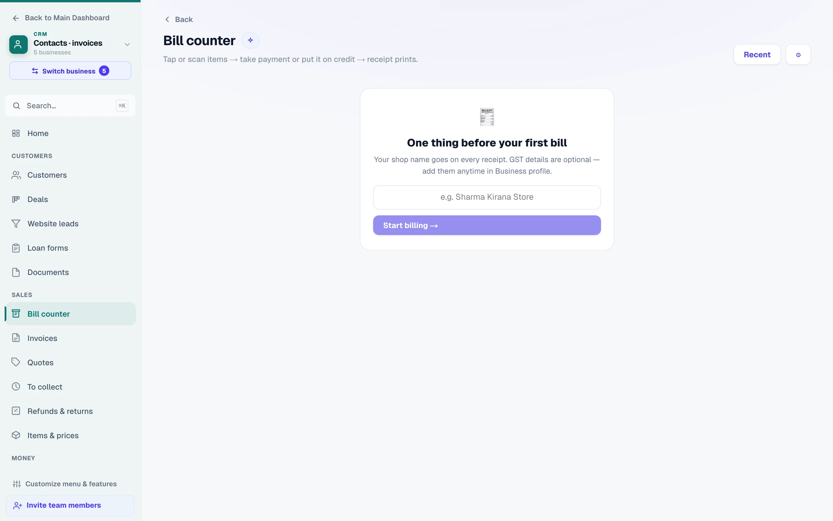 The billing counter — tap an item, take the money, print.