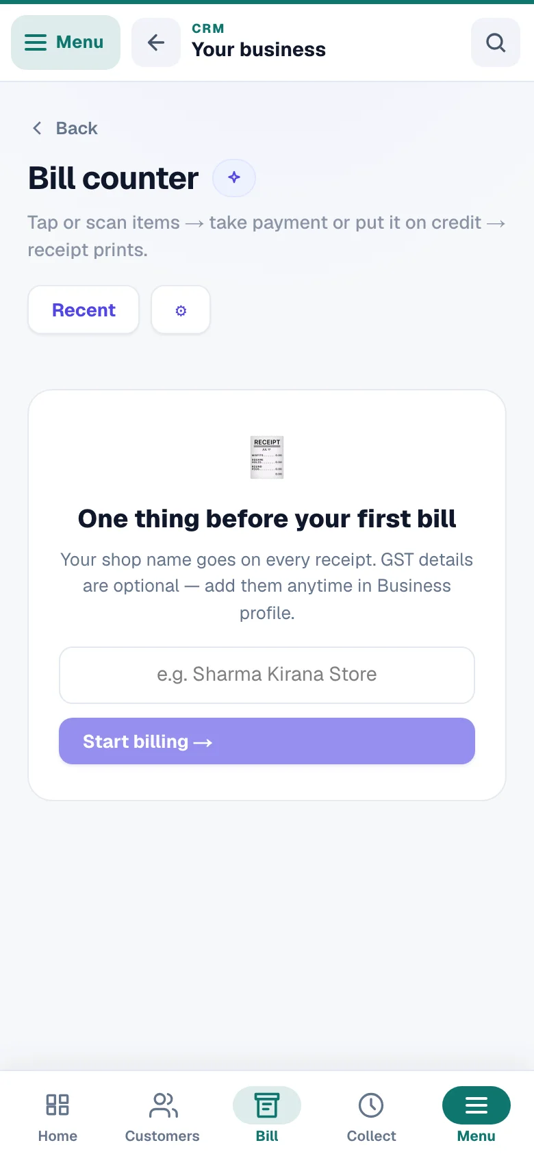 The billing counter — tap an item, take the money, print. — phone view