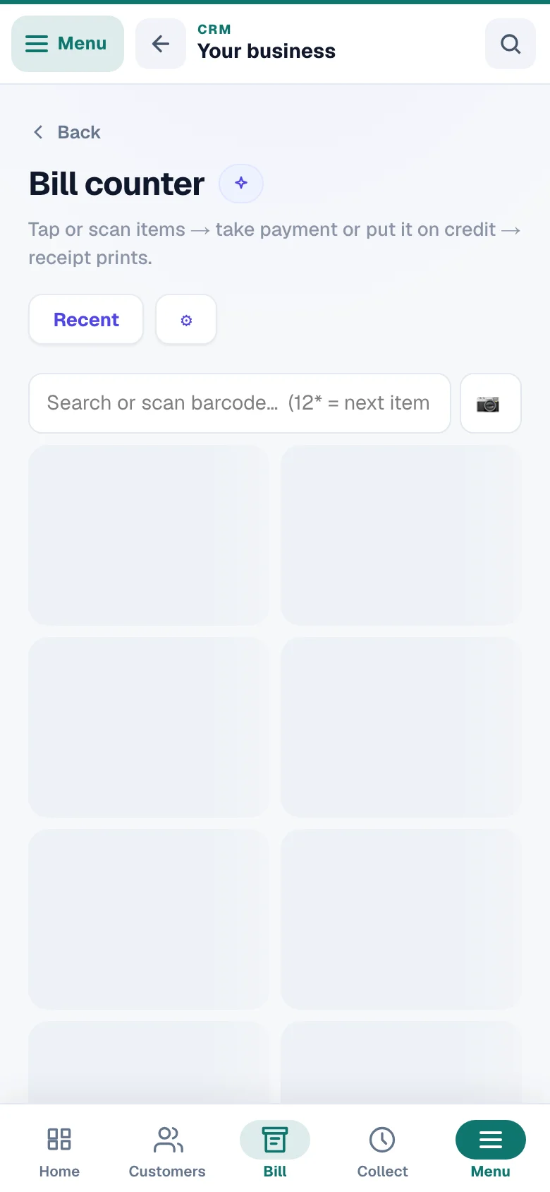 The bill counter on a phone — tap items, take the money, print.