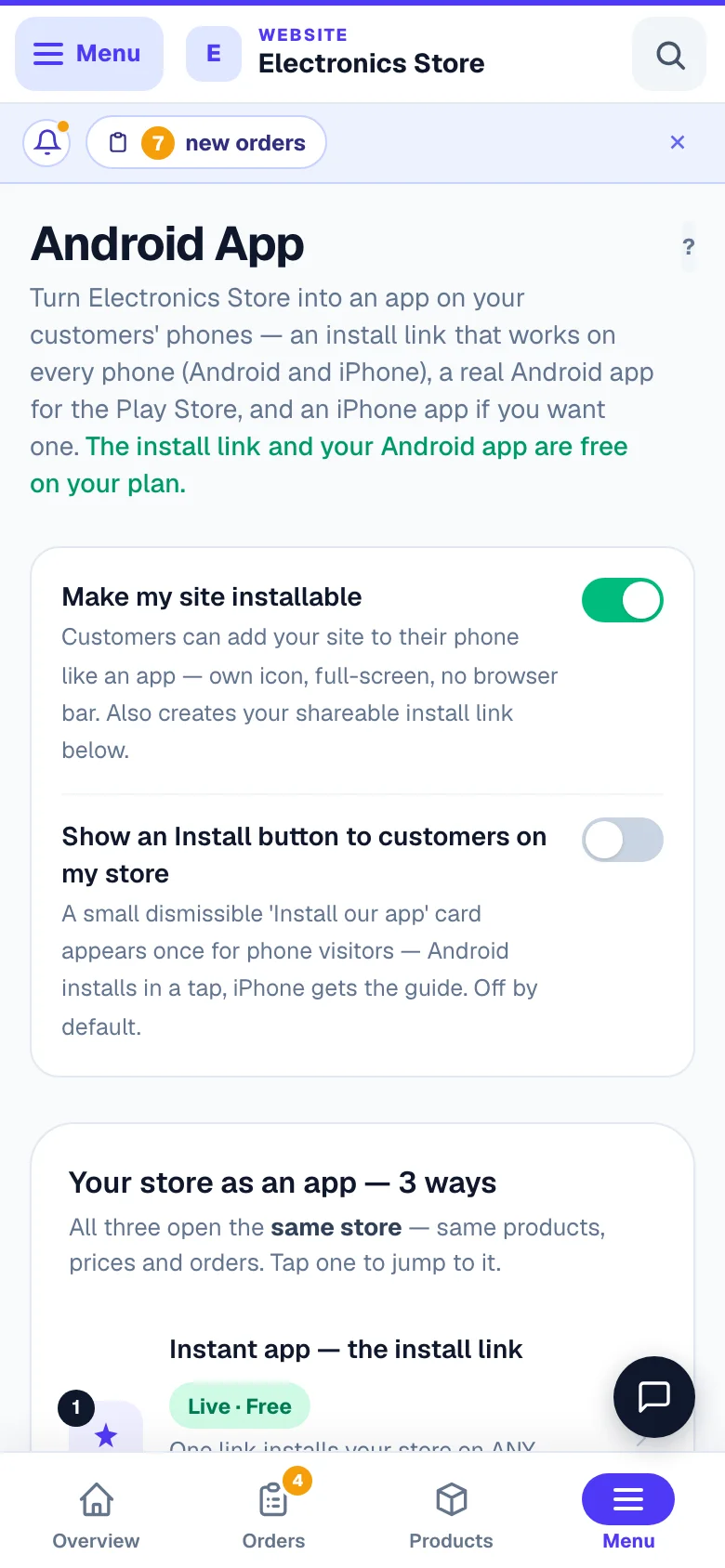 Your website can be installed like an app — three ways. — phone view