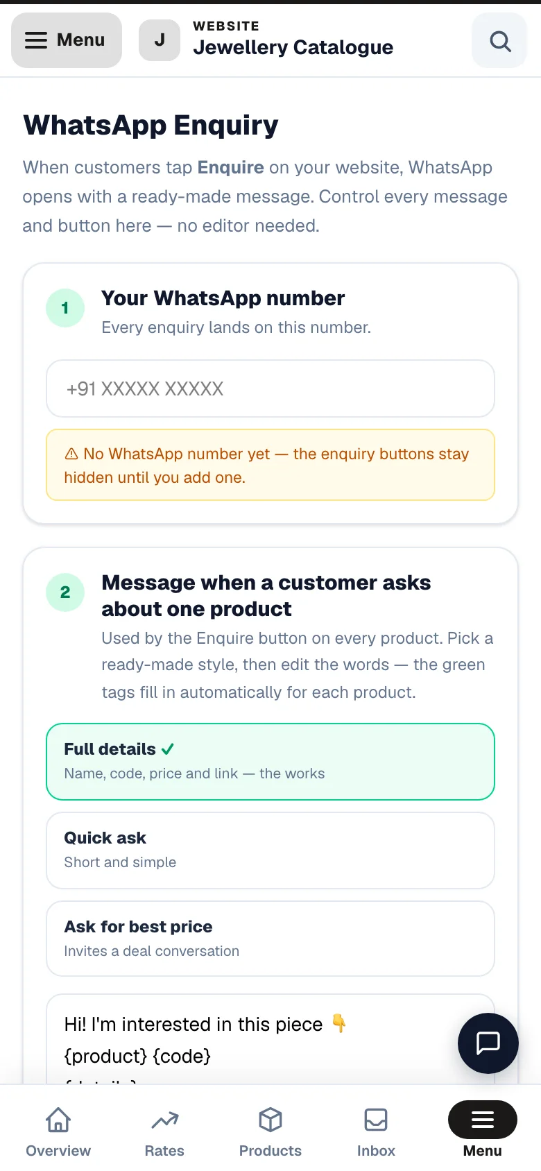 The WhatsApp enquiry wording your customers send. — phone view