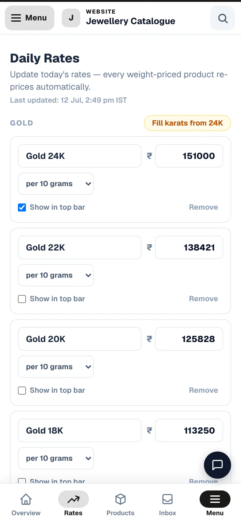 Today's gold and silver rates — every weight-priced piece re-prices. — phone view