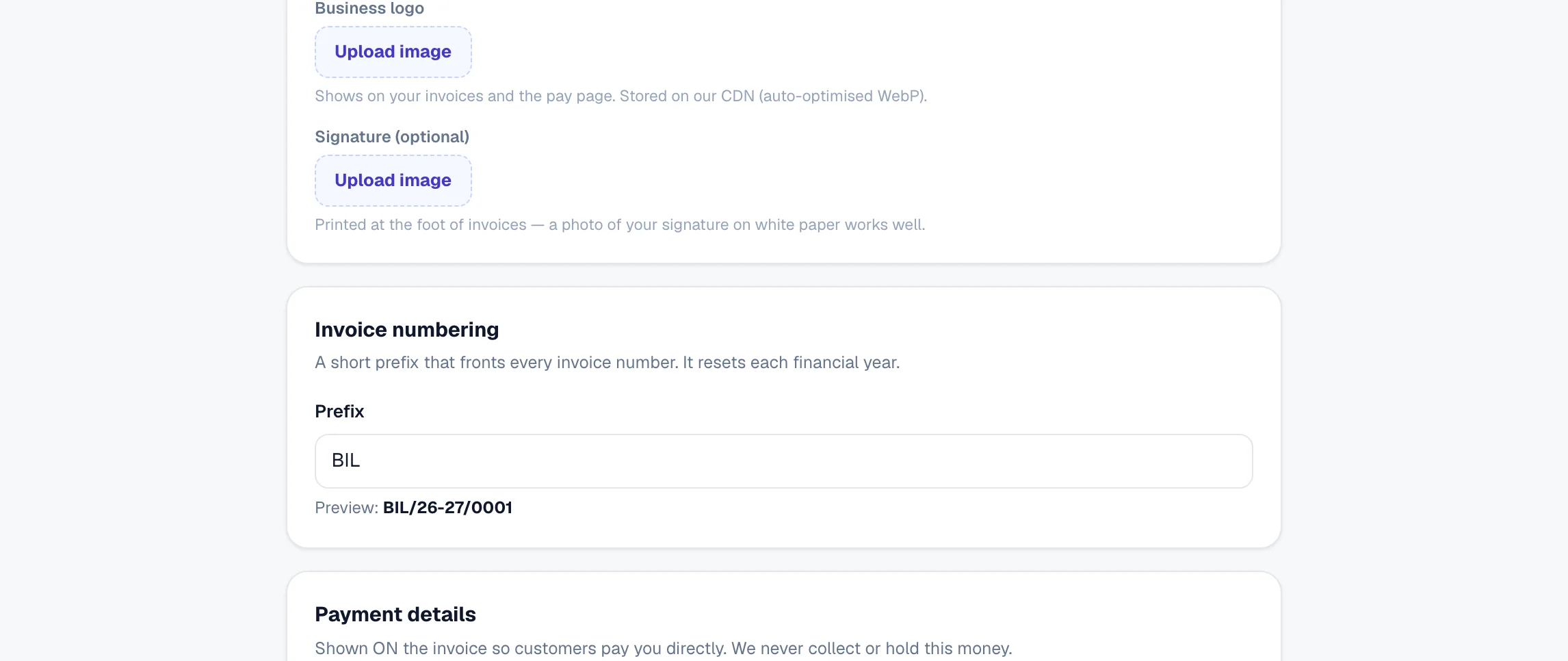 Invoice numbering — your prefix and the next number.