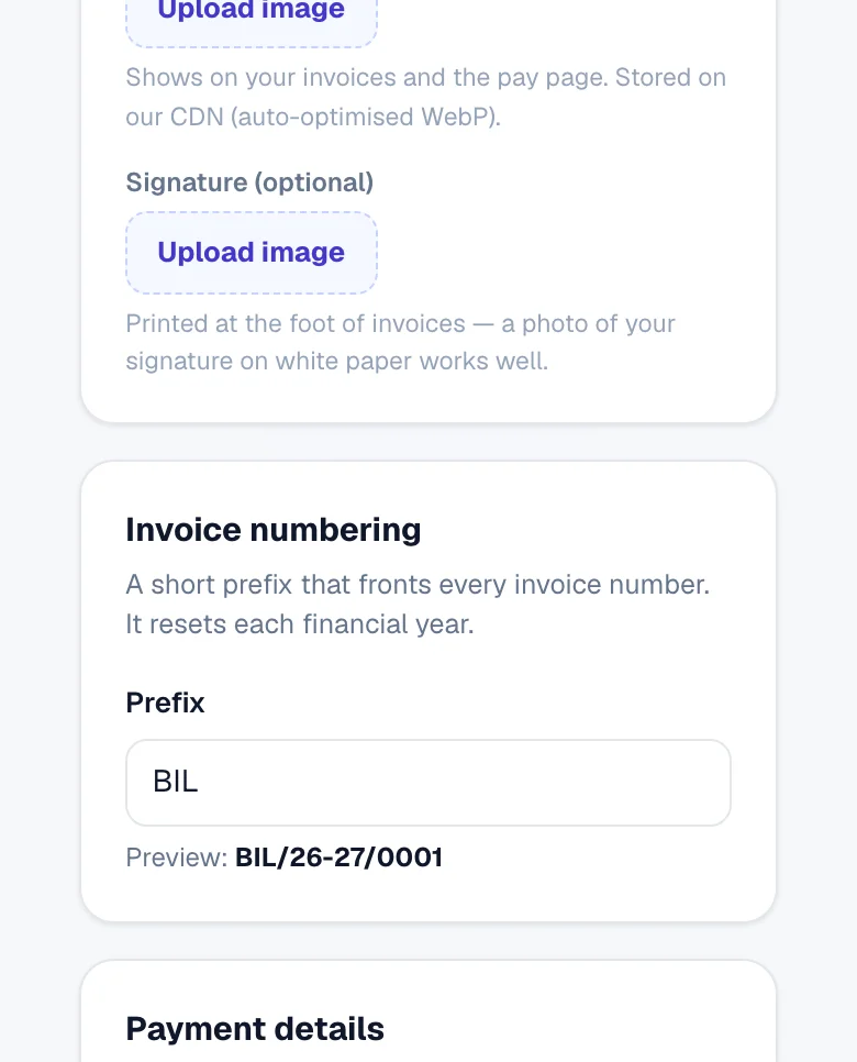 Invoice numbering — your prefix and the next number. — phone view
