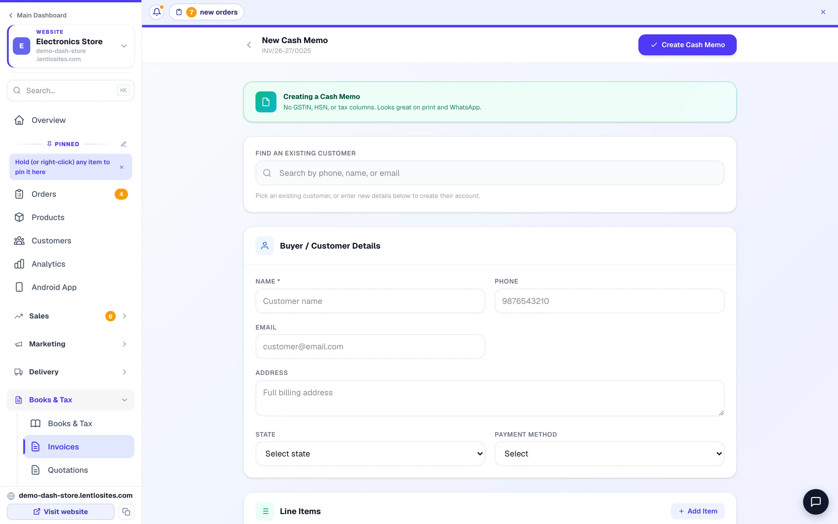 Building a bill by hand — without a GSTIN saved it is a Cash Memo; add your GSTIN in Invoice Settings and the same form issues a GST invoice.