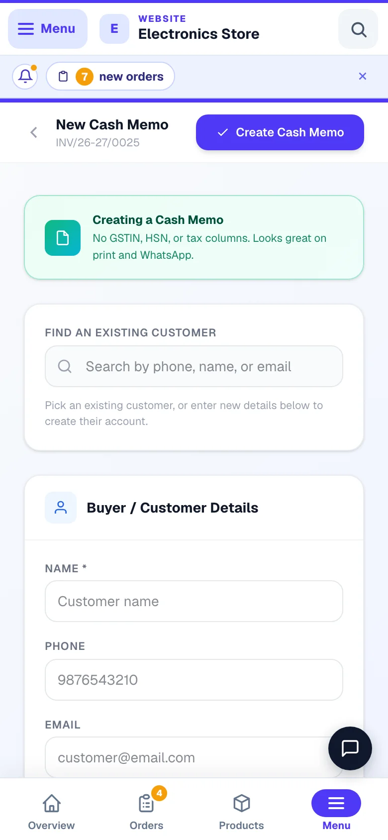 Building a bill by hand — without a GSTIN saved it is a Cash Memo; add your GSTIN in Invoice Settings and the same form issues a GST invoice. — phone view