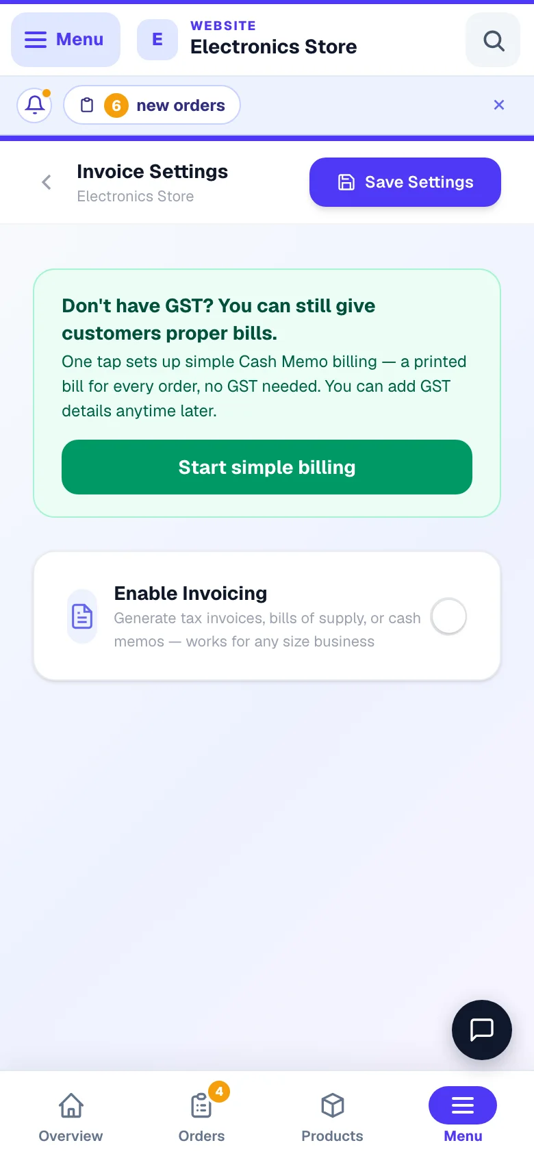 Your GSTIN, invoice numbering and terms. — phone view