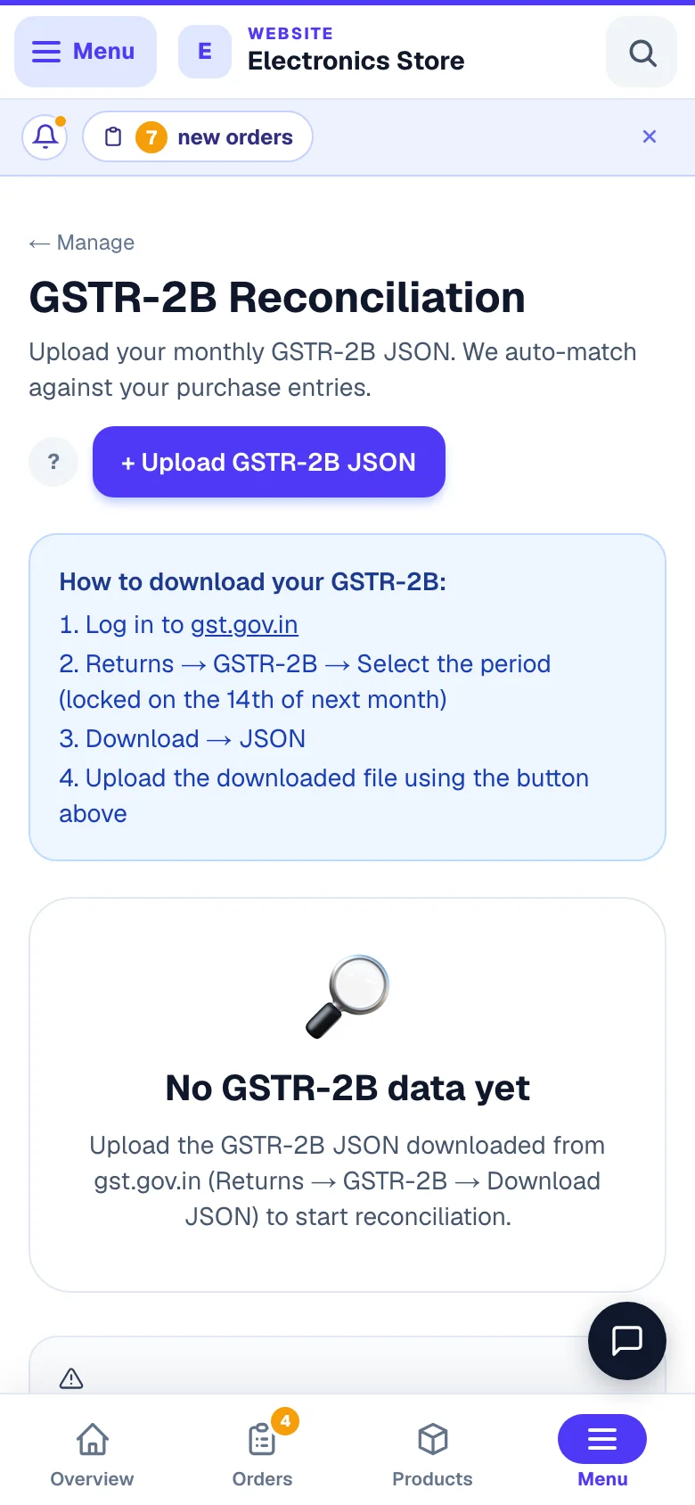 Match your purchase bills against the portal's GSTR-2B. — phone view