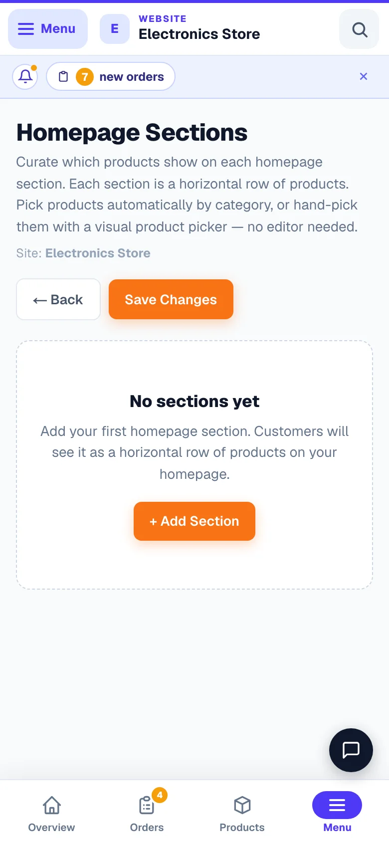 Add product rows, categories and banners to your homepage. — phone view