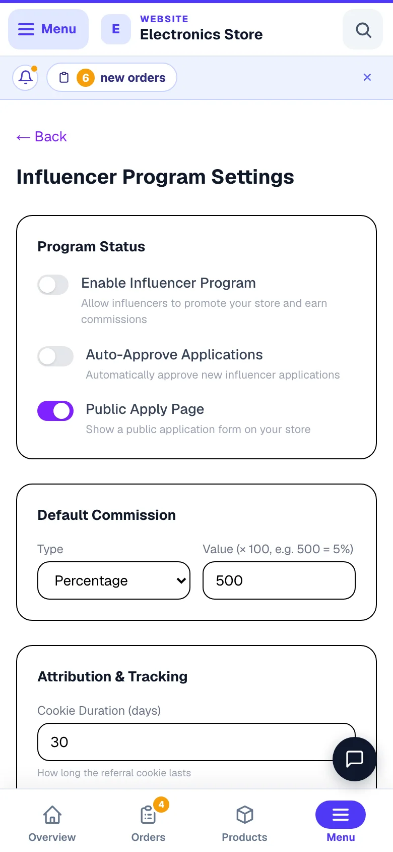 Commission rate, cookie window and payout rules. — phone view