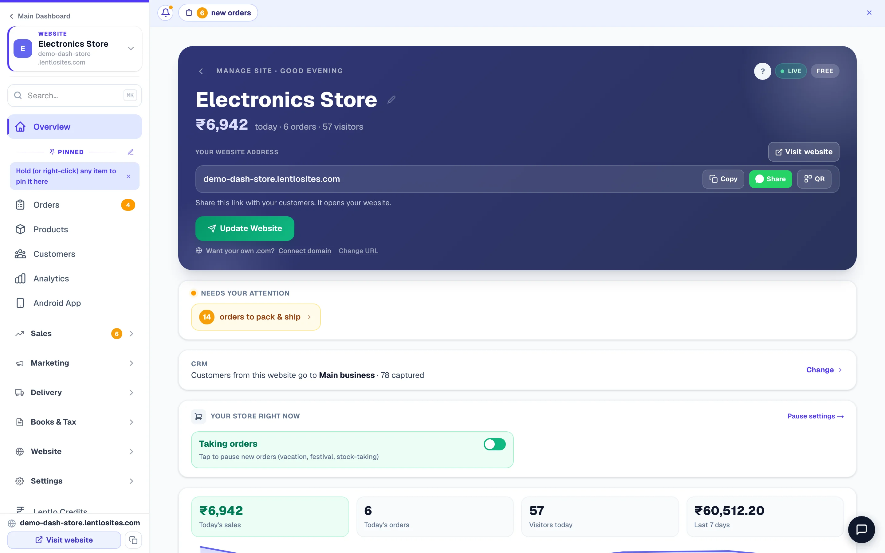 The Manage page — your site's control room.