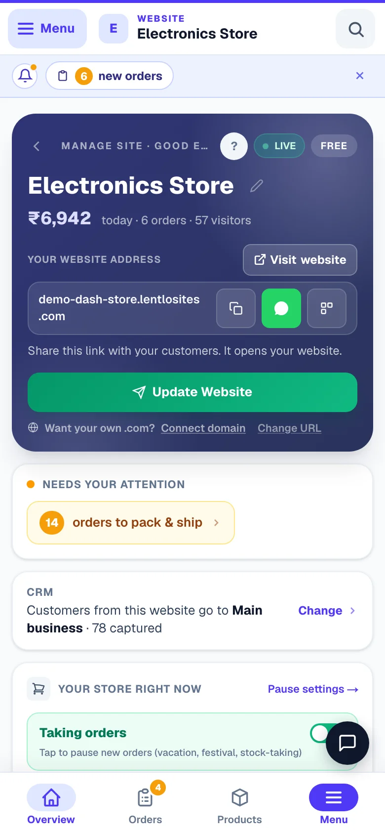 The Manage page — your site's control room. — phone view