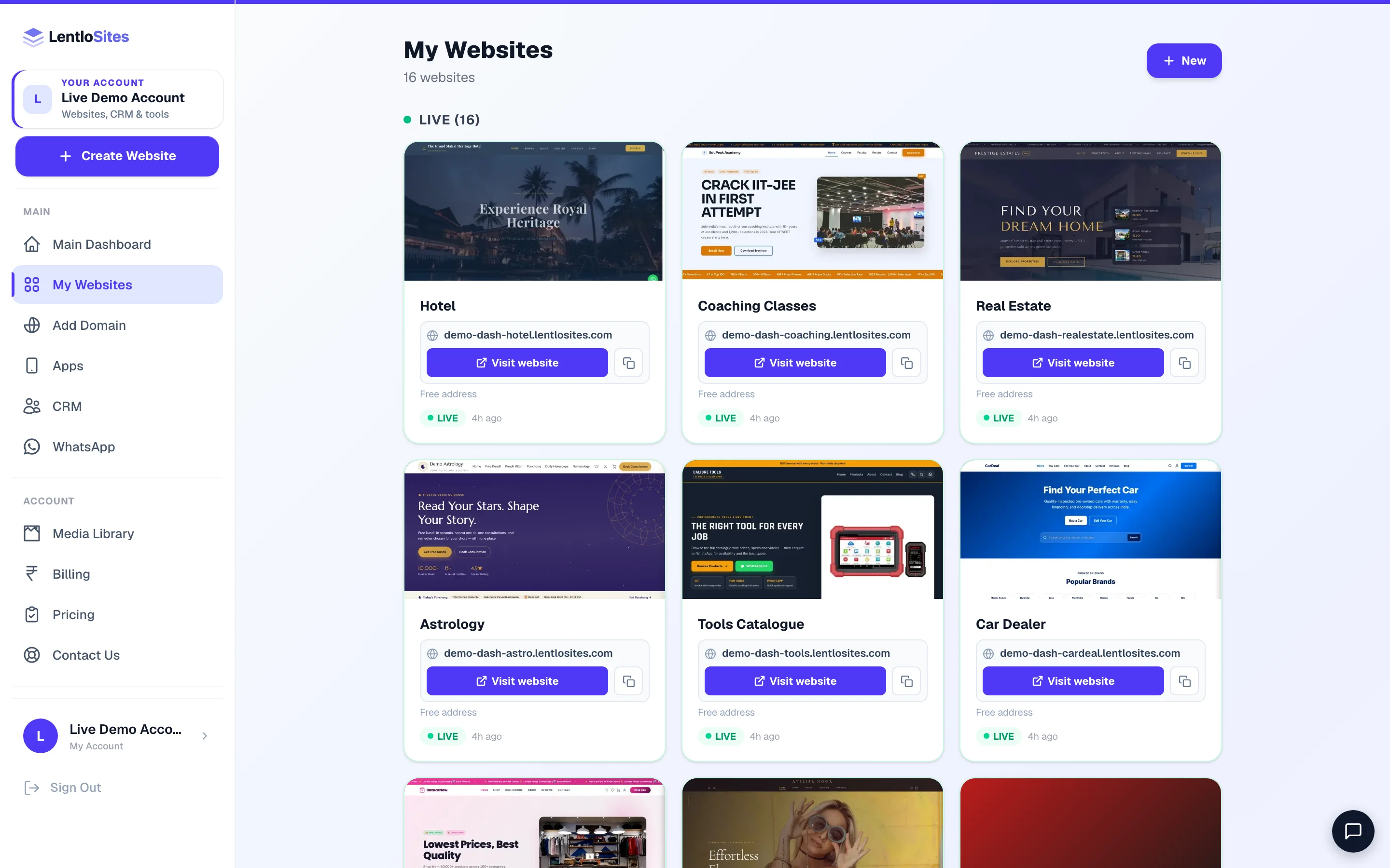 Every website you own. Tap Manage on any of them.