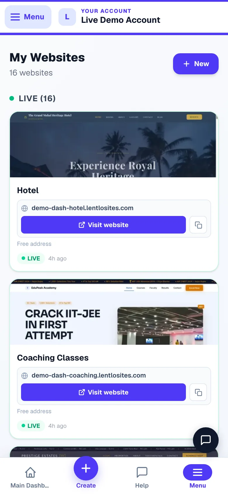 Every website you own. Tap Manage on any of them. — phone view