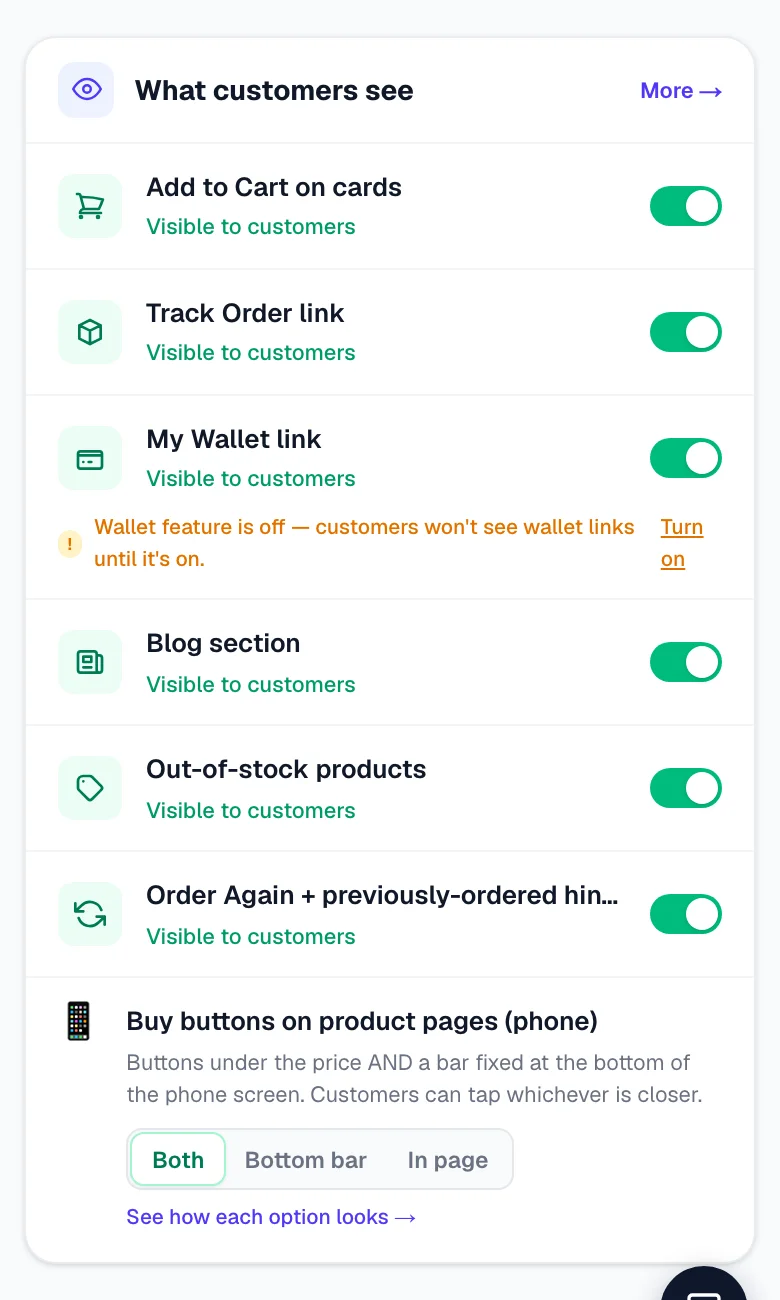 Quick switches — turn things on and off for customers without opening Settings. — phone view