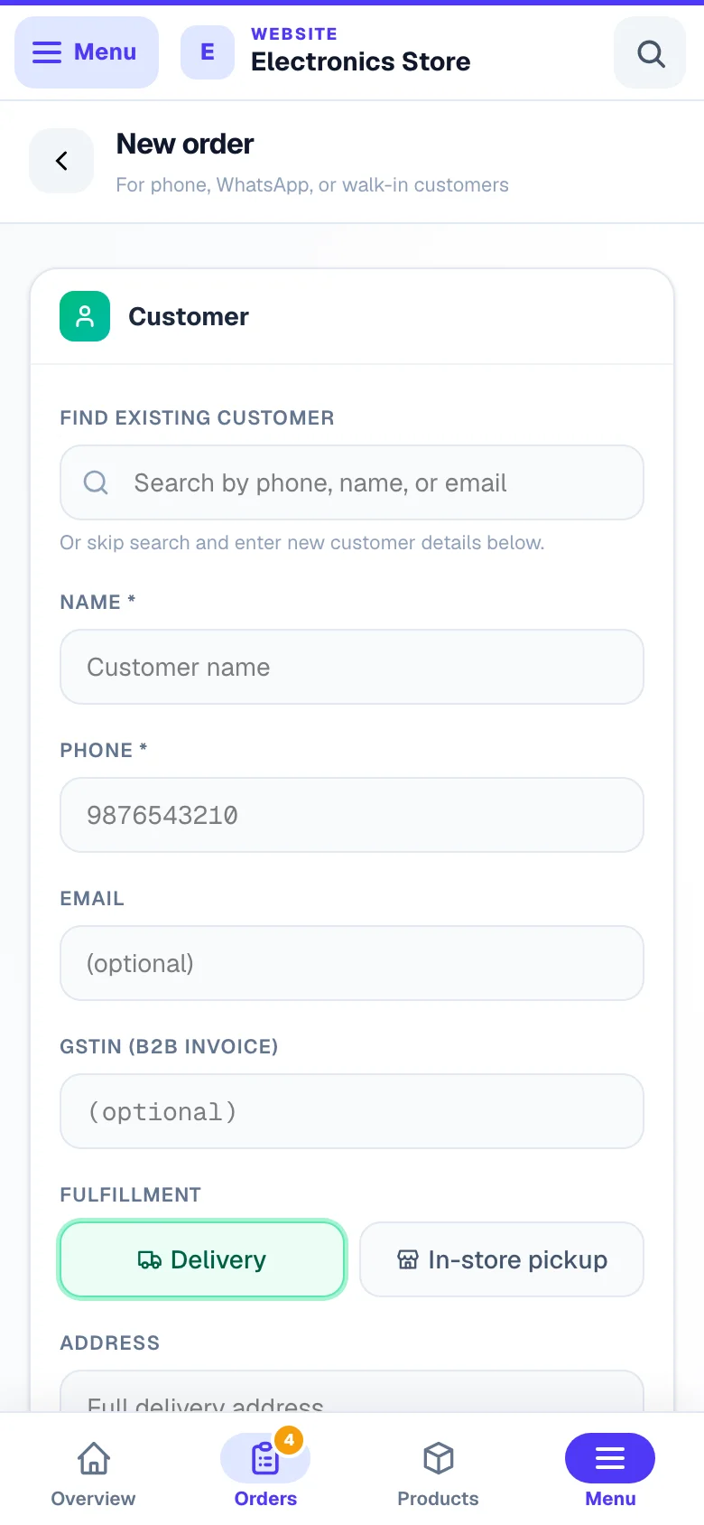 Start typing a phone number — past customers come up with their address. — phone view