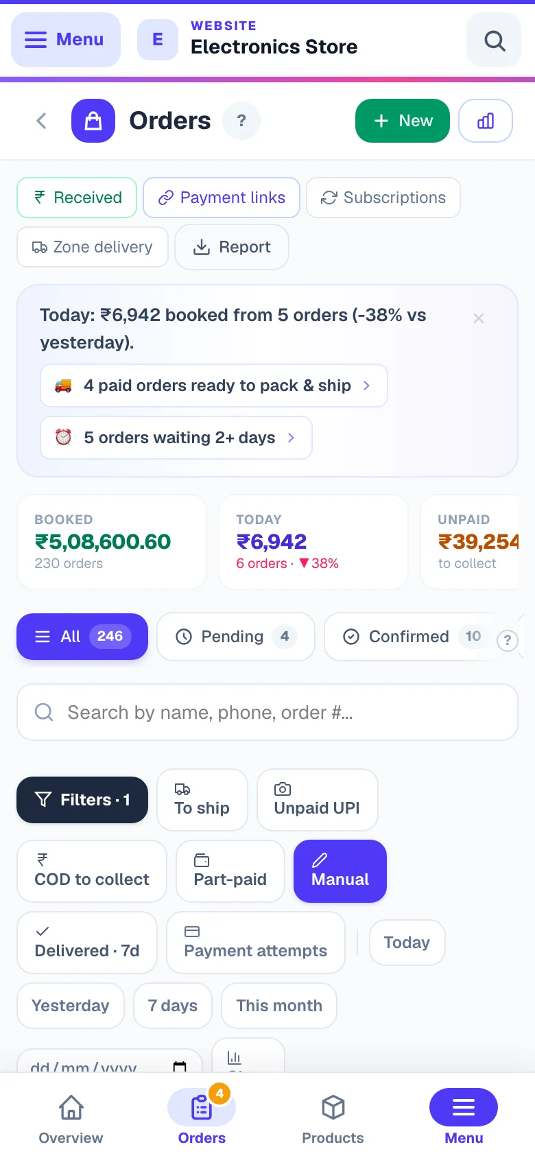 Manual orders sit alongside website orders, marked so you can tell. — phone view