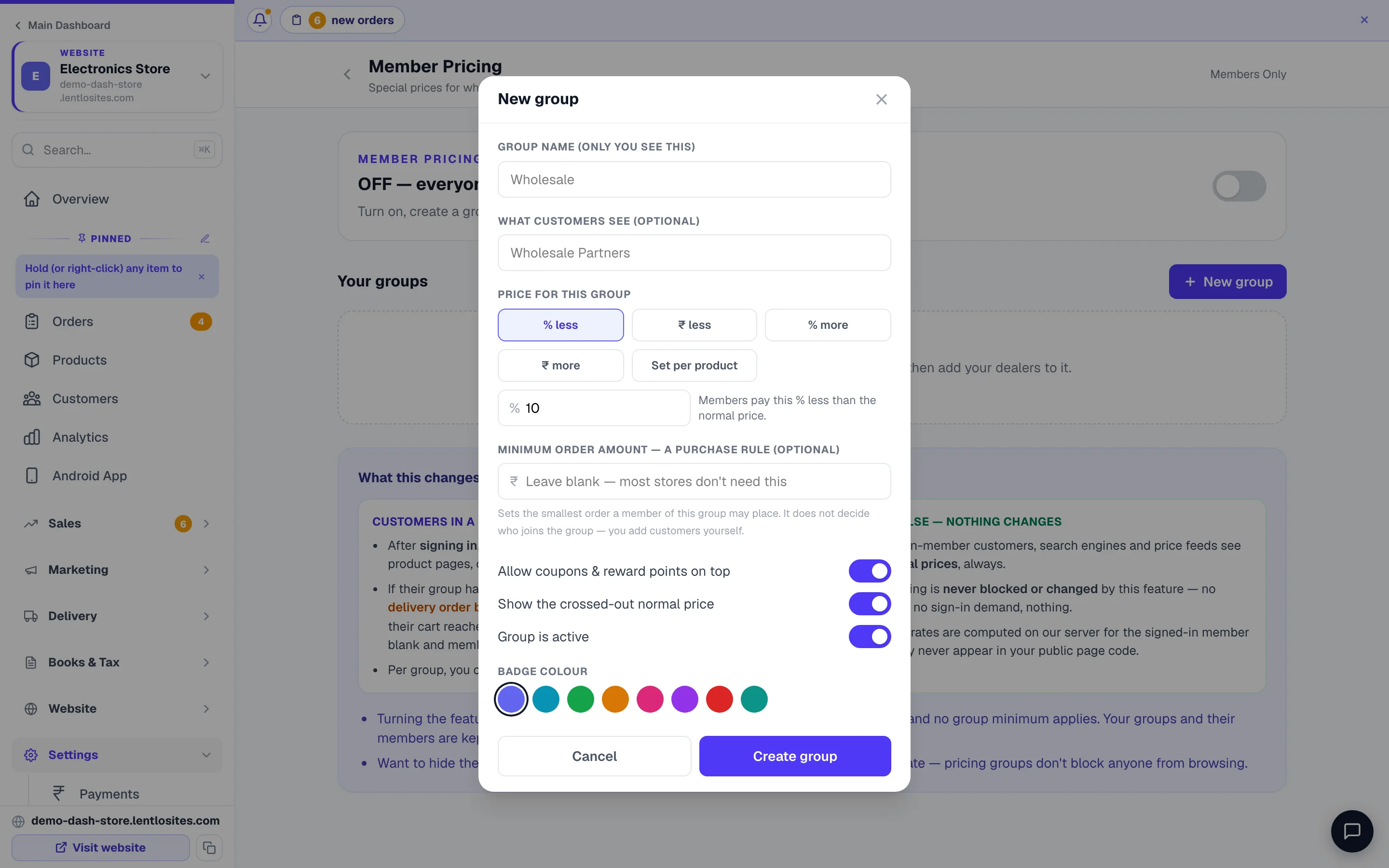 A pricing group: its name, the name customers see, one of the five ways to price it — % less, ₹ less, % more, ₹ more or set per product — an optional minimum order, and the two switches.