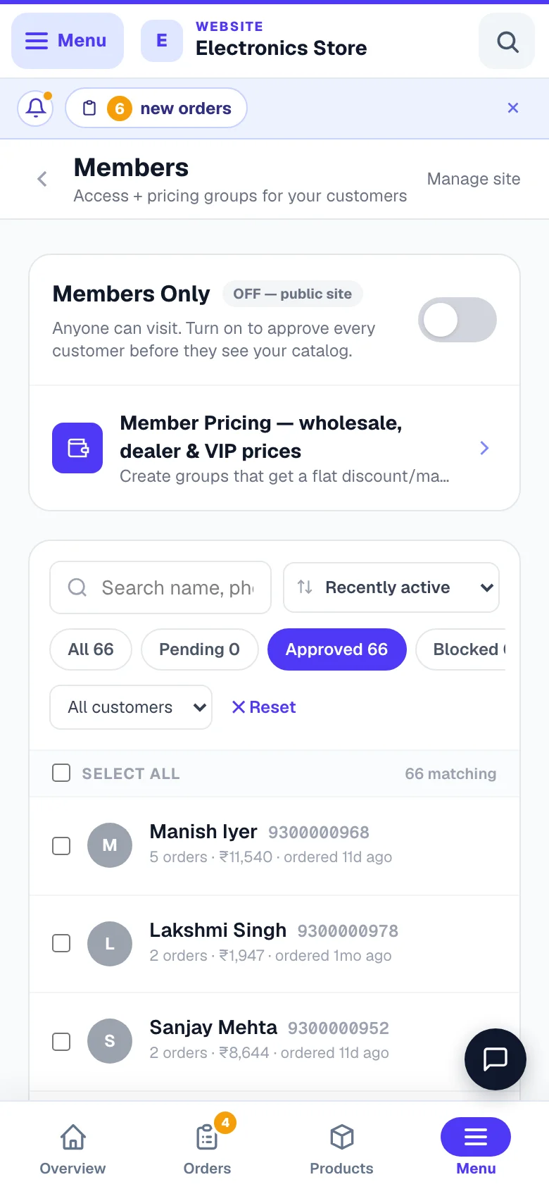 Everyone you have approved to see prices. — phone view