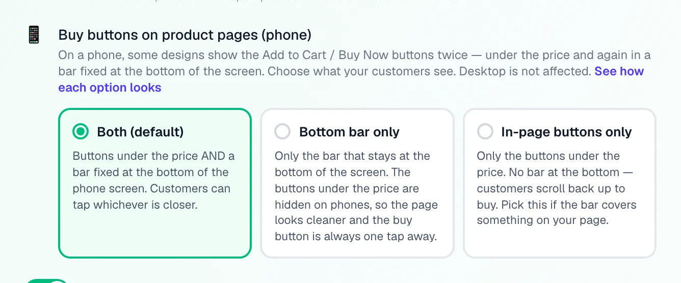 Appearance → What customers see → Buy buttons on product pages (phone): Both, Bottom bar only, or In-page buttons only.