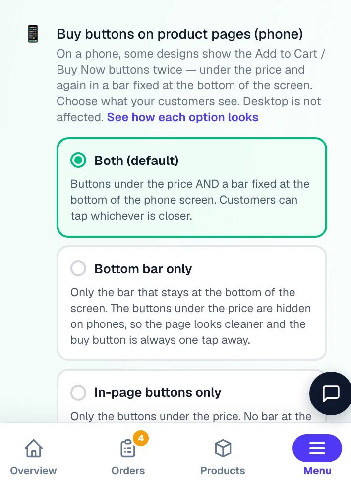 Appearance → What customers see → Buy buttons on product pages (phone): Both, Bottom bar only, or In-page buttons only. — phone view