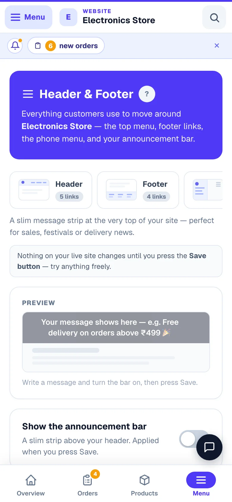 The announcement strip at the very top of your site. — phone view
