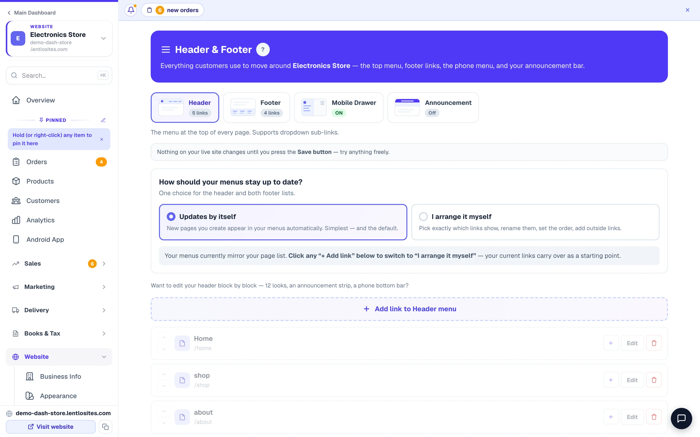 Header, Footer, Mobile Drawer and Announcement — four tabs, one page.