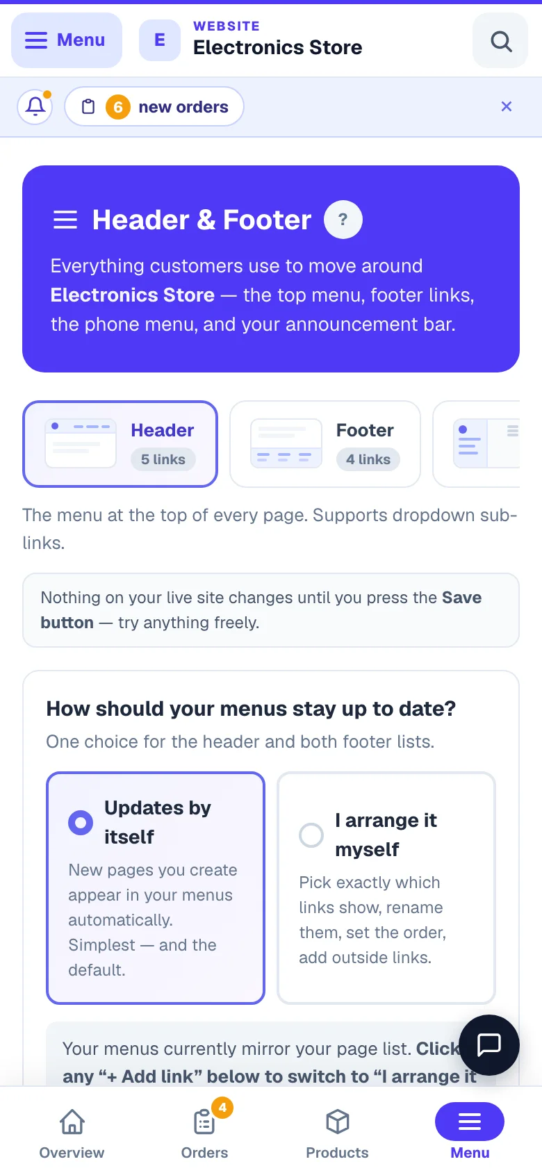 Header, Footer, Mobile Drawer and Announcement — four tabs, one page. — phone view