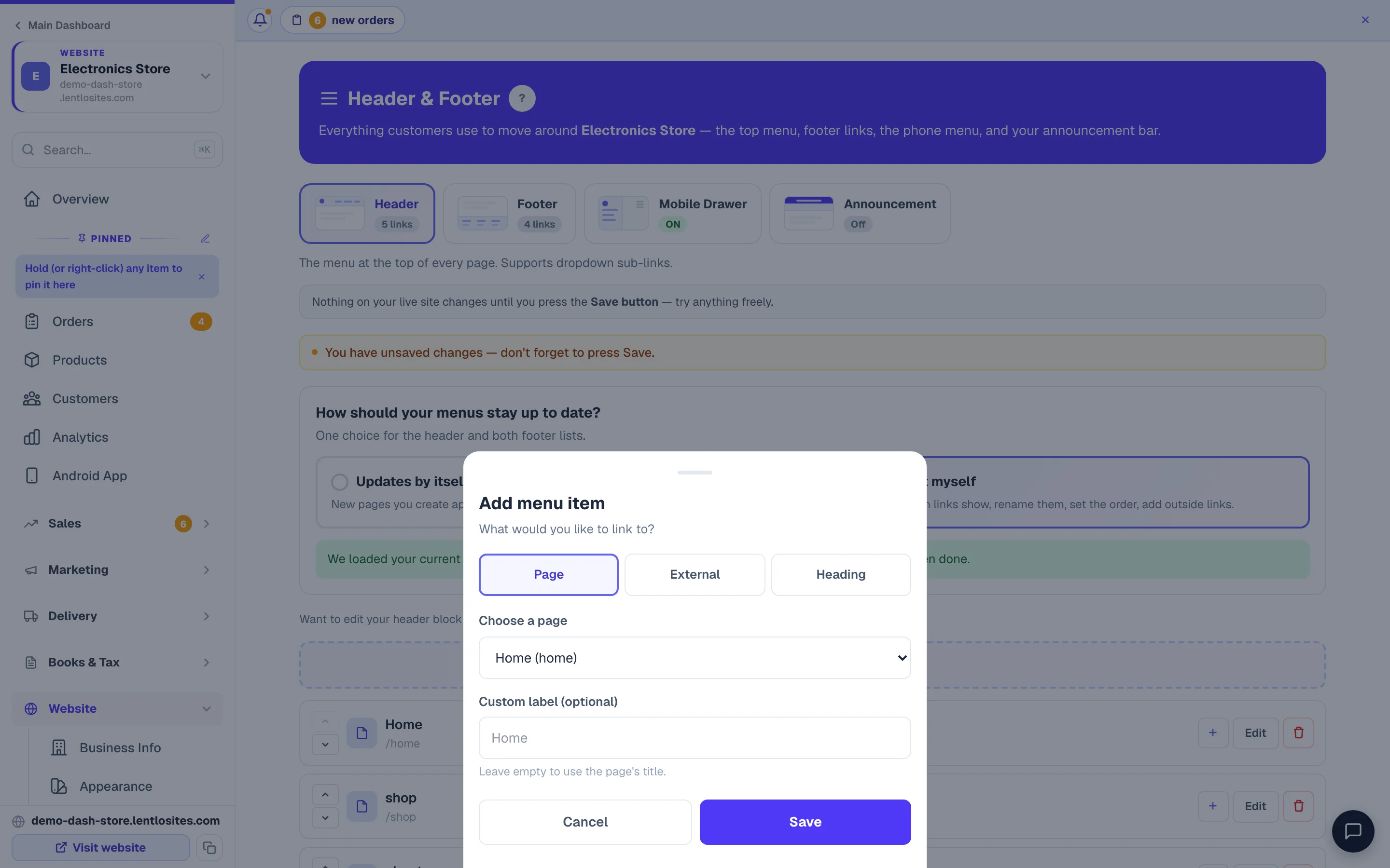 Adding a menu link — point it at a page, a category, or any address.