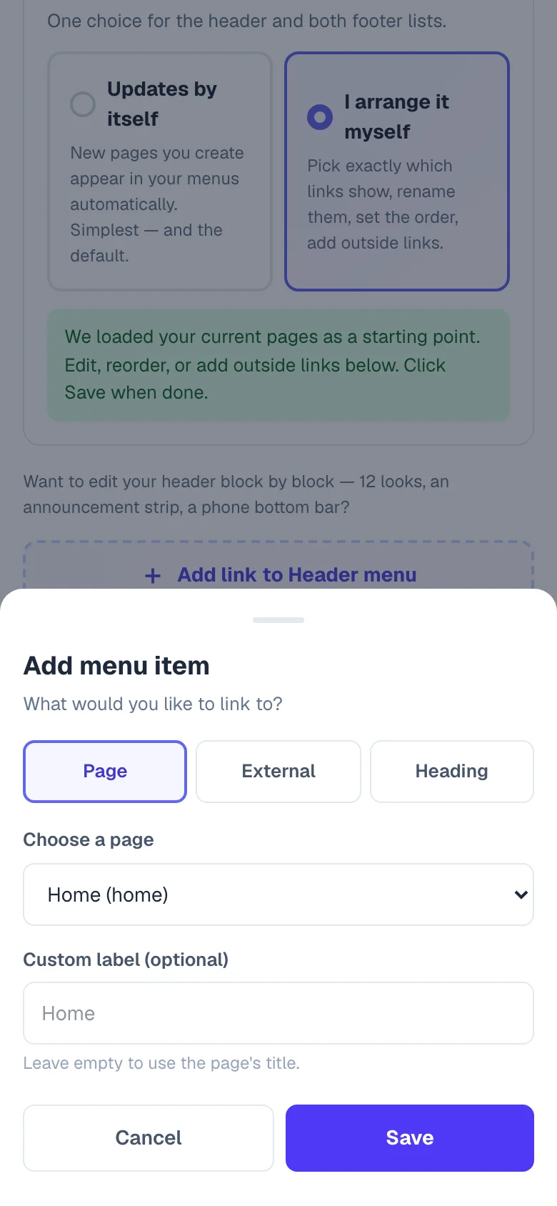 Adding a menu link — point it at a page, a category, or any address. — phone view