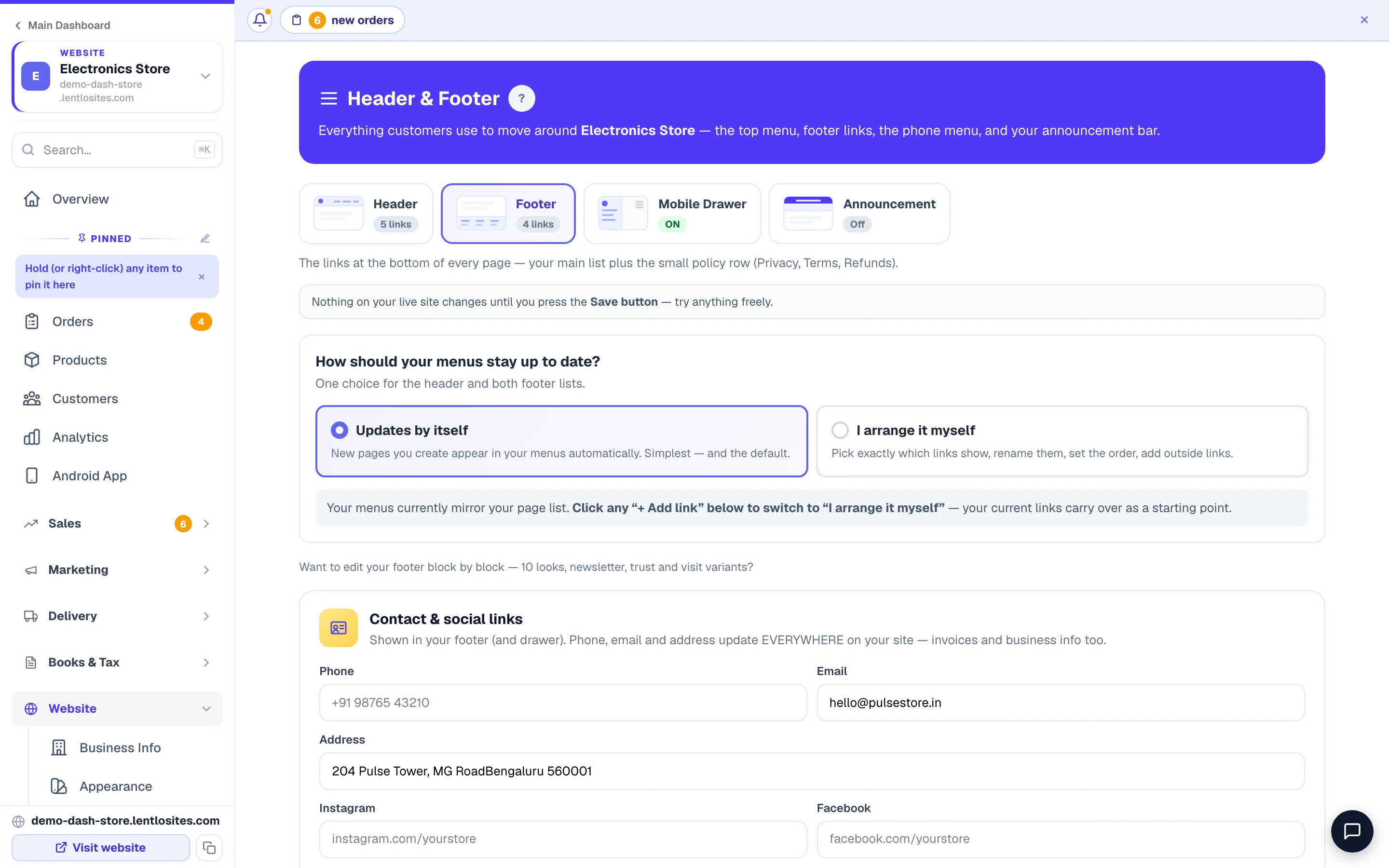 The footer menu — its own set of links, edited the same way.