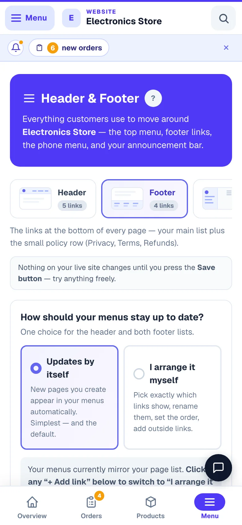 The footer menu — its own set of links, edited the same way. — phone view