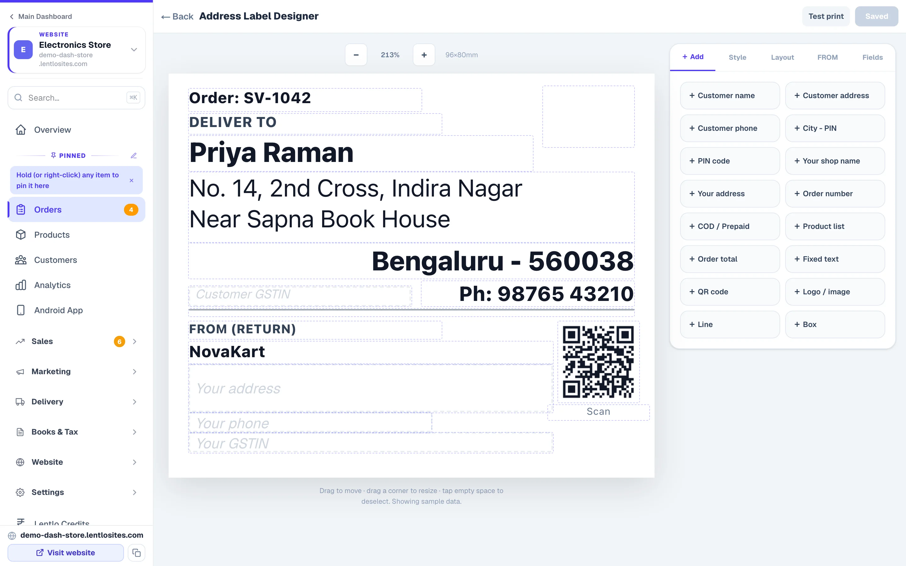 The label designer: your label on the left filled with sample data, and on the right every field you can drop onto it — drag to move, drag a corner to resize.