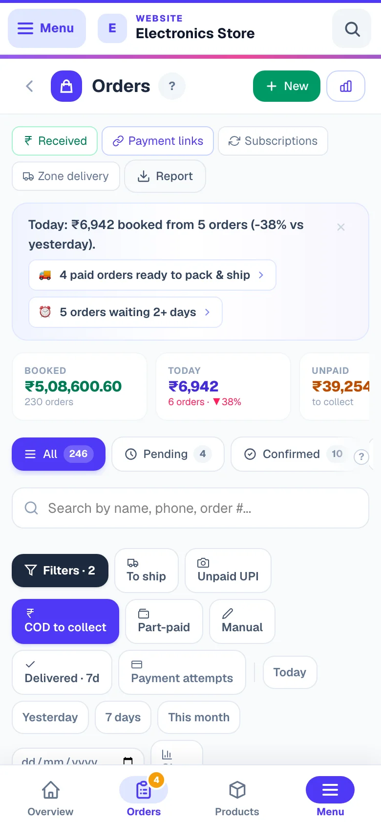 The COD-to-collect view — every order with cash still due. — phone view