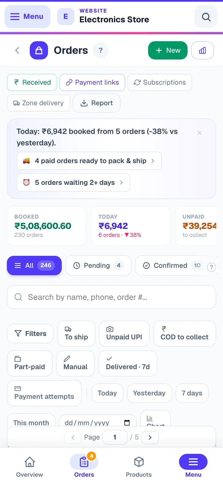 Every order, with the money summary across the top. — phone view