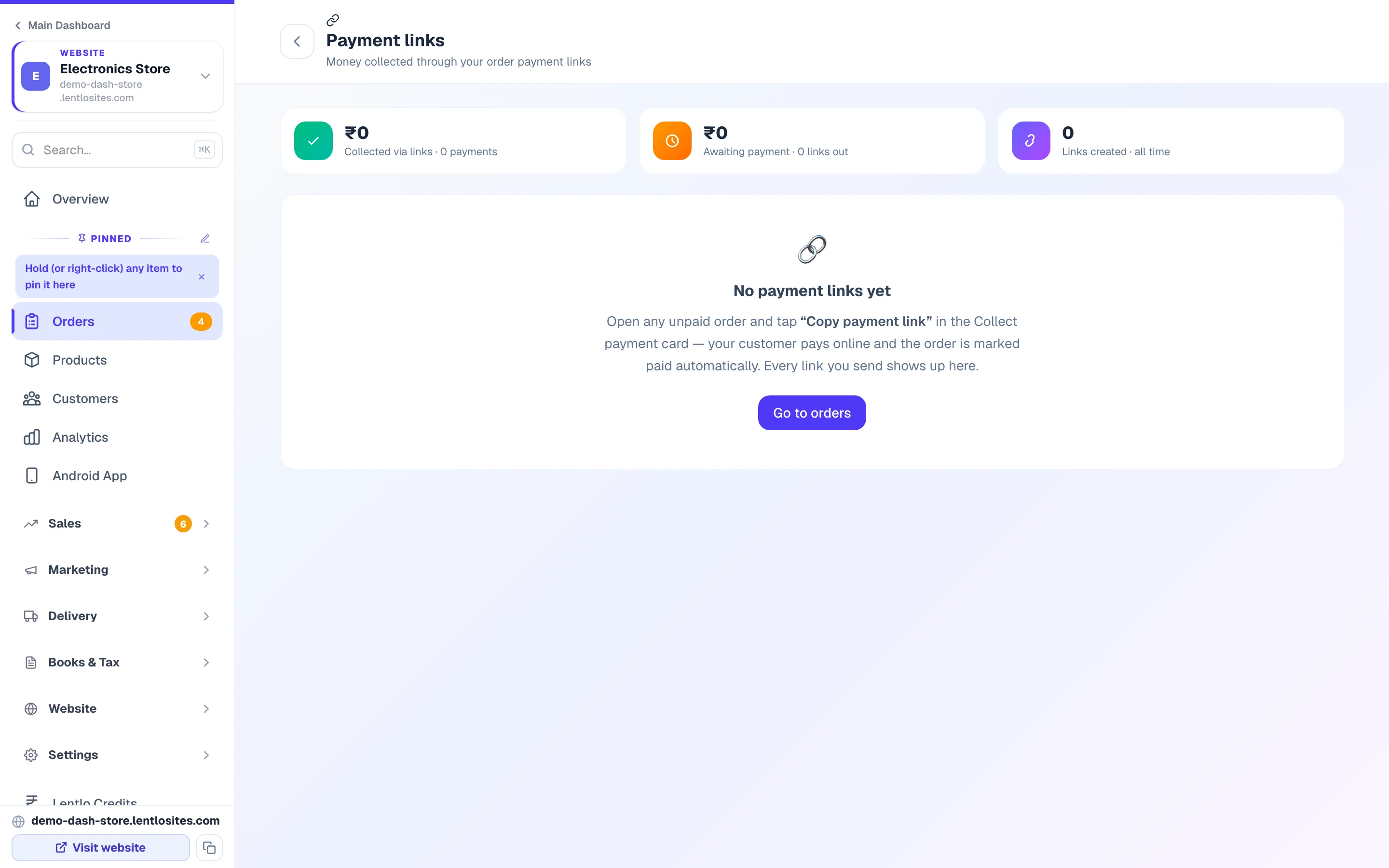 Payment links — every link you send, and whether it has been paid.