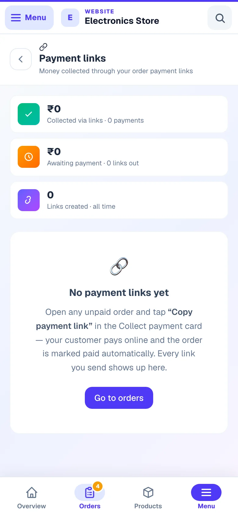 Payment links — every link you send, and whether it has been paid. — phone view