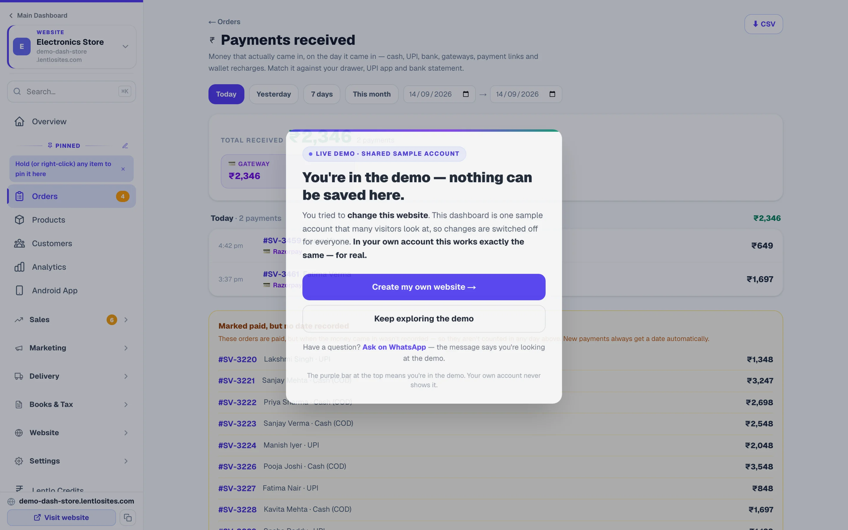 Every payment received, with how it came in.