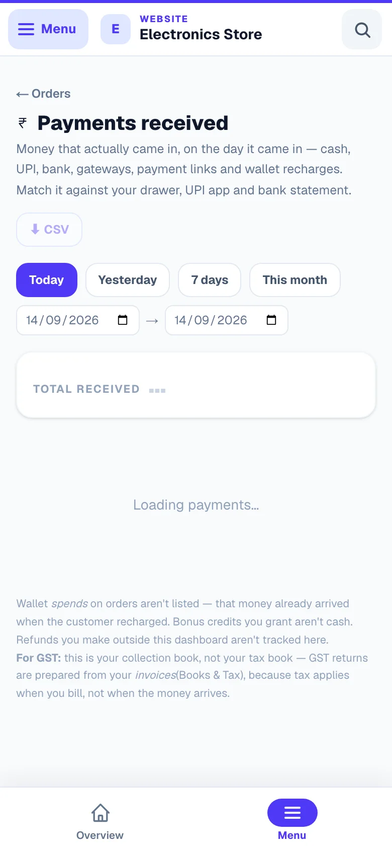 Every payment received, with how it came in. — phone view
