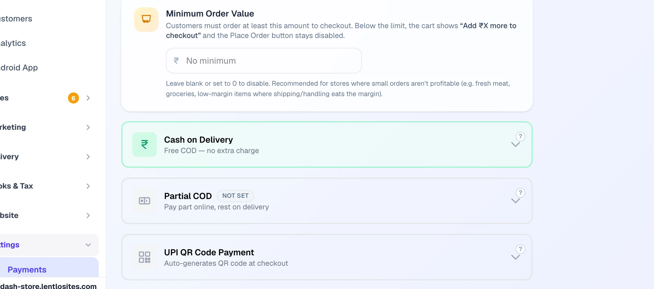 Cash on delivery, with an optional handling fee.