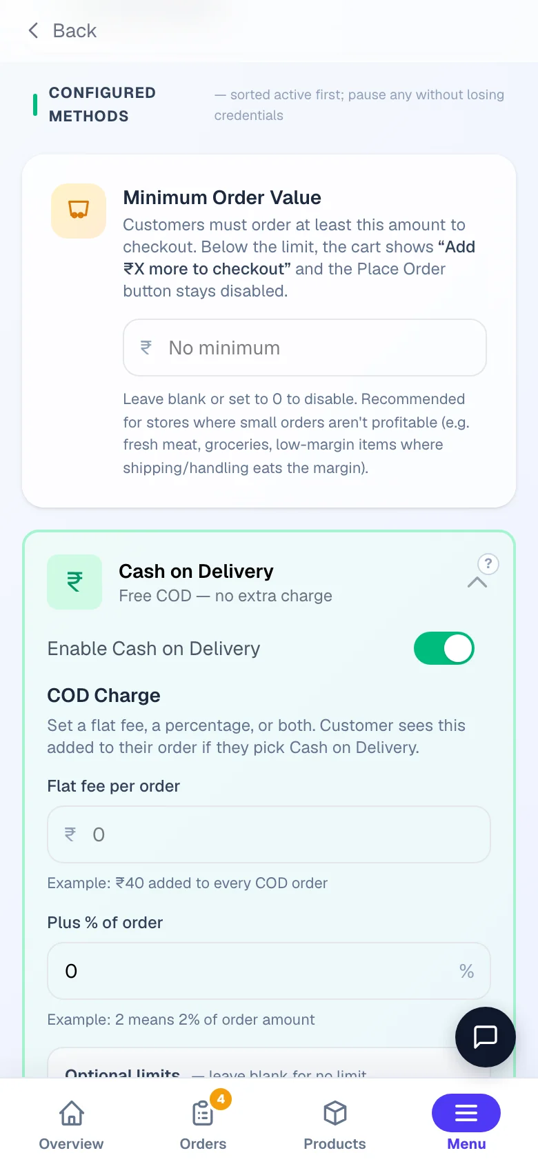 Opening Cash on Delivery reveals the fee and the part-payment options. — phone view