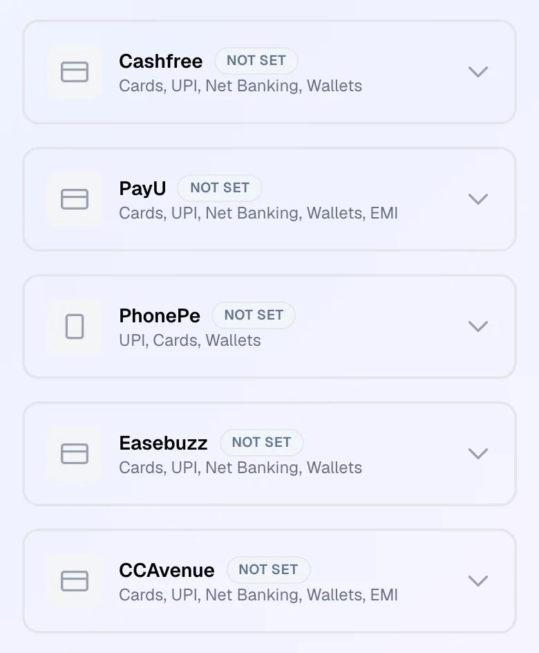 Paste your gateway keys — cards, UPI and net banking switch on. — phone view