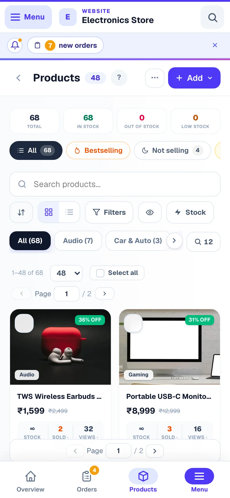 Your product list with stock, price and category filters. — phone view