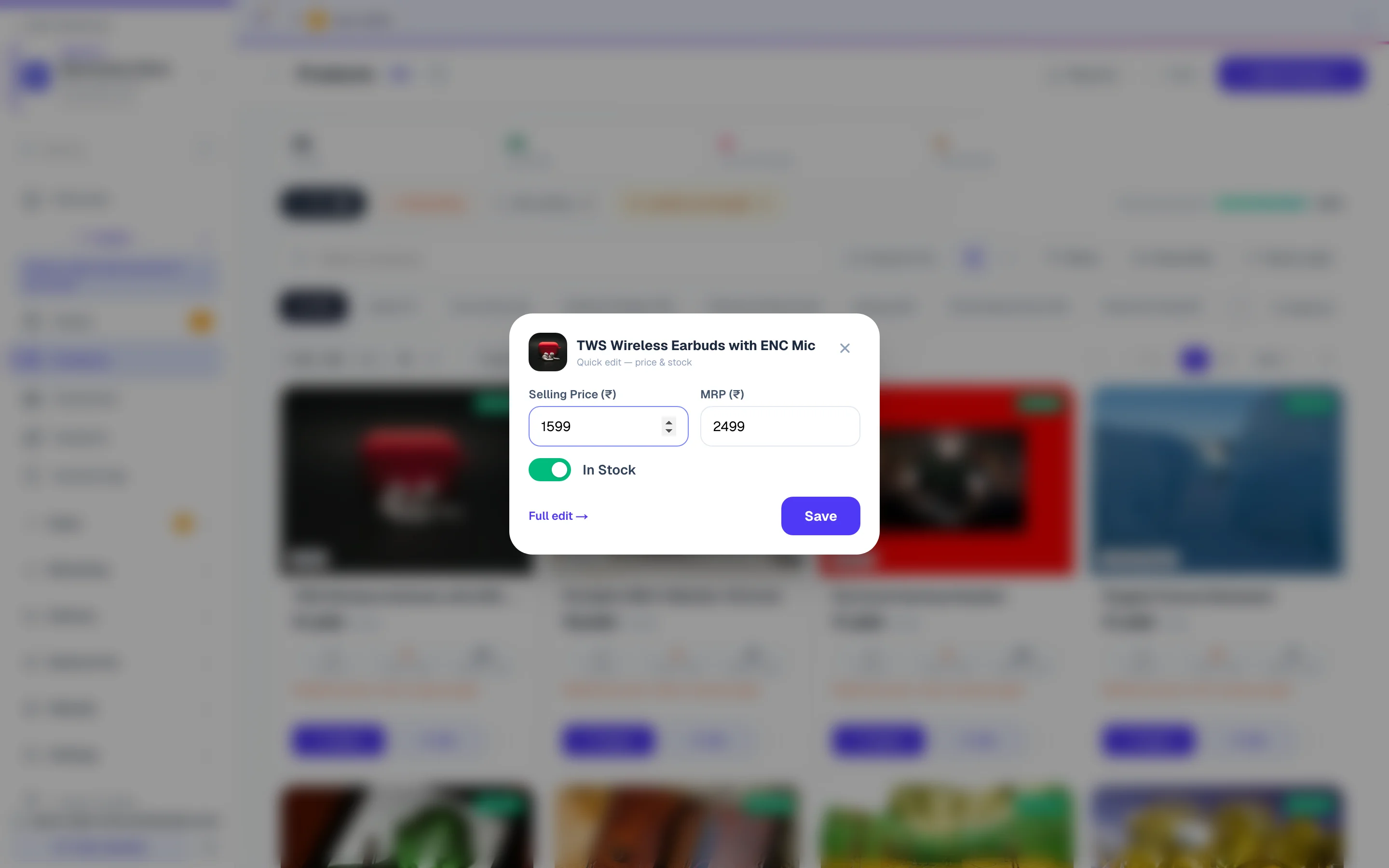 Quick edit — change a price or stock without opening the full form.